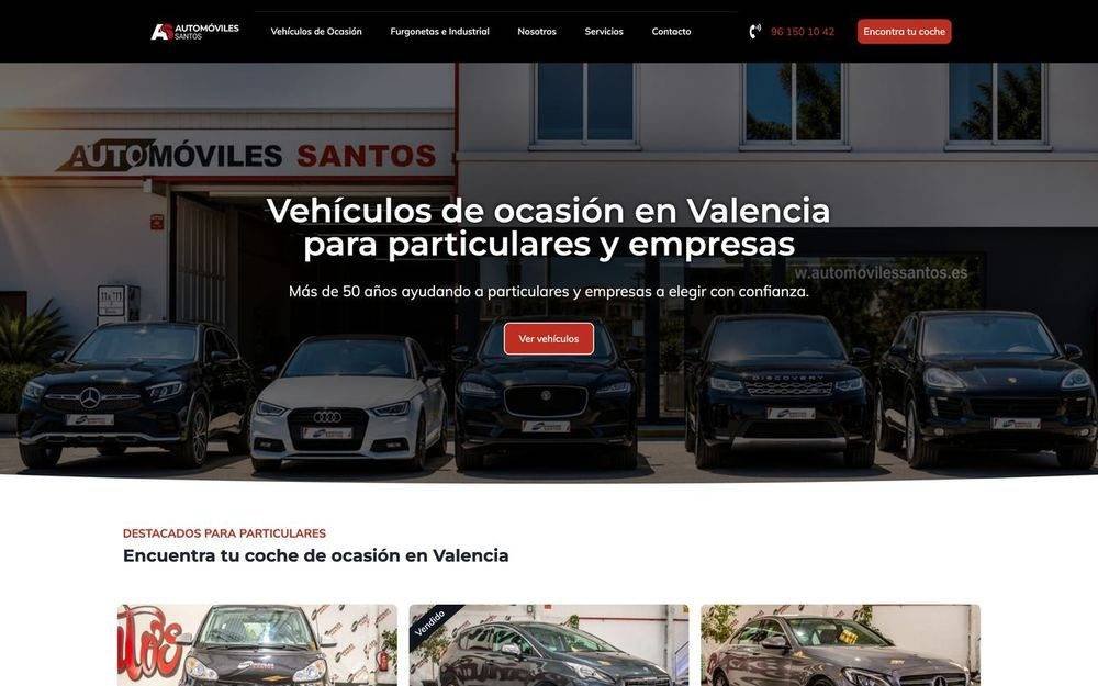 Página de inicio de la web de Automóviles Santos en el móvil, con los botones de contacto visibles