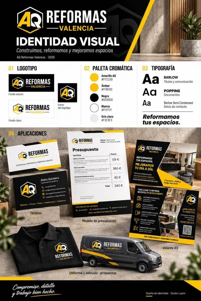 Identidad visual de AQ Reformas Valencia con logotipo, colores, tipografías y aplicaciones