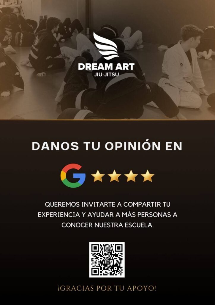 Cartel con código QR para dejar reseñas en Google diseñado para la academia Dream Art Jiu-Jitsu