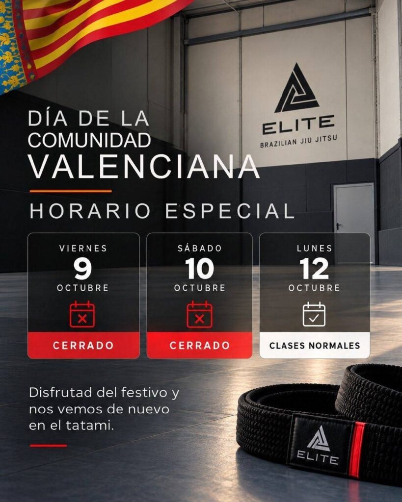 Aviso de Instagram de Elite BJJ con el horario especial de un día festivo