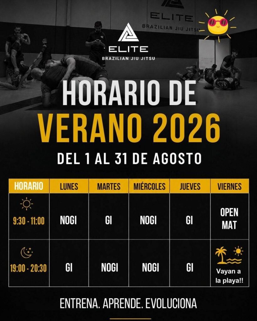 Publicación de Instagram de Elite BJJ con el horario de verano de las clases