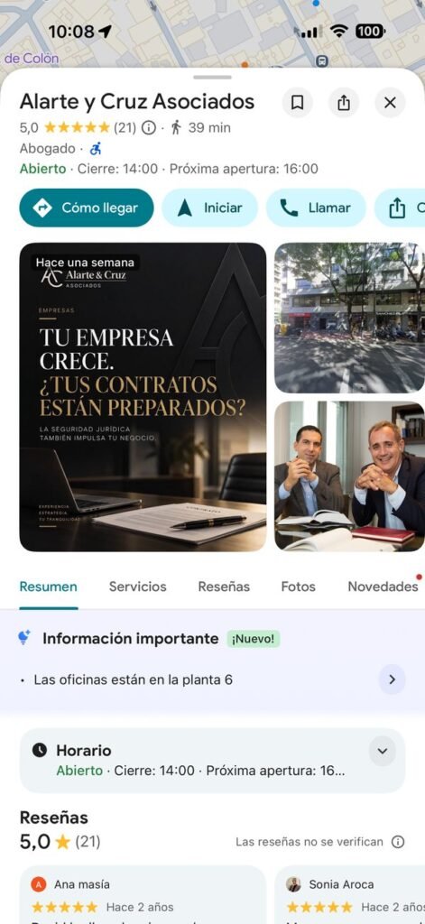 Perfil de Google Business de Alarte & Cruz Asociados
