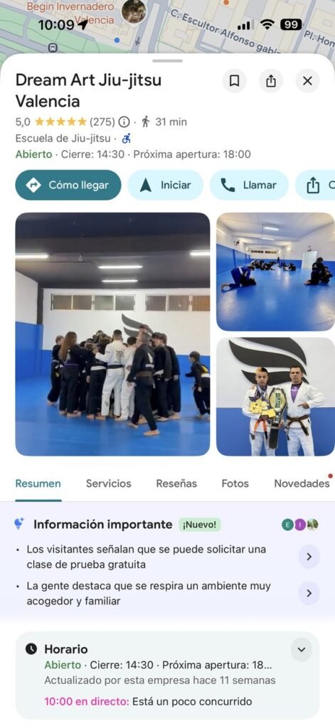 Perfil de Google Business de Dream Art Jiu-Jitsu Valencia