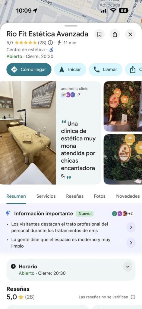 Perfil de Google Business de Rio Fit Estética Avanzada