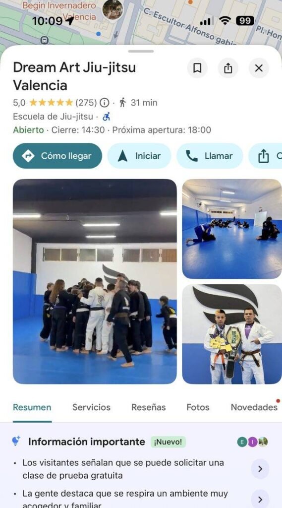 Ficha de Google de Dream Art Jiu-Jitsu Valencia con fotos de la academia y reseñas de alumnos