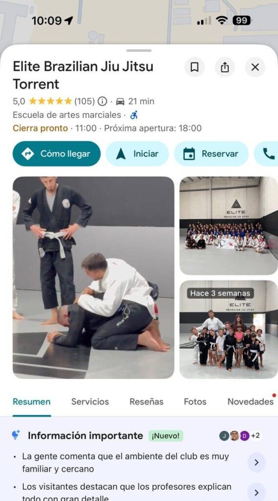 Ficha de Google Maps de Elite Brazilian Jiu-Jitsu en Torrent
