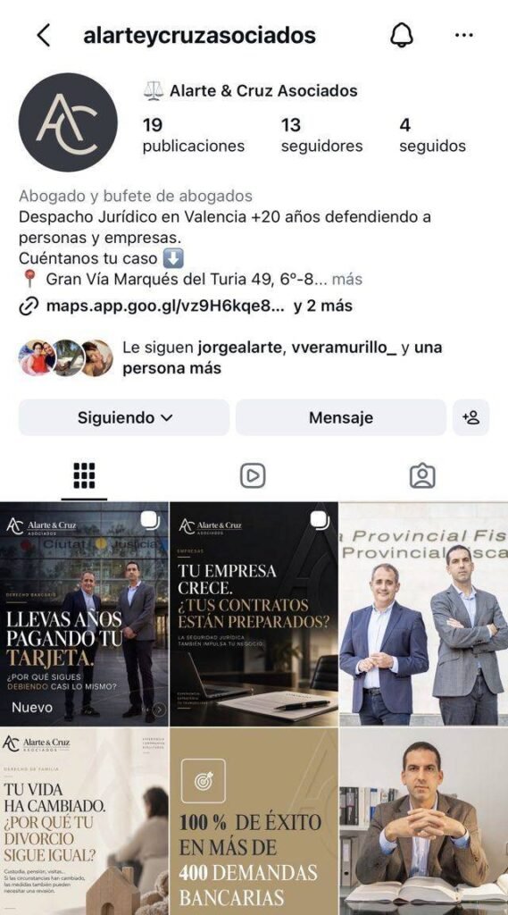 Perfil de Instagram de Alarte & Cruz Asociados con su biografía y portadas de historias destacadas