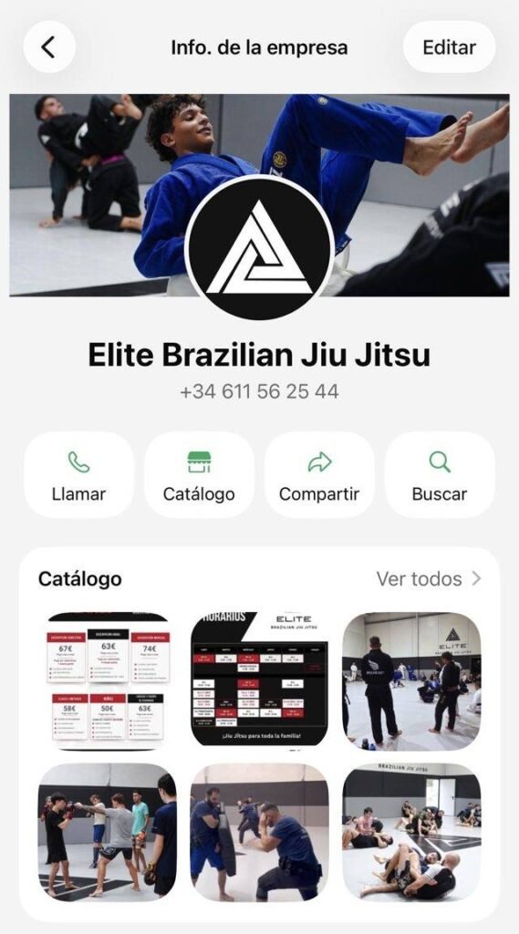Perfil de WhatsApp Business de Elite Brazilian Jiu Jitsu con catálogo de tarifas y horarios de clases